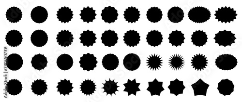 Starburst sale price seals, stickers, labels. Stamp and tag, callout and splash, star and rosette, oval and sunburst badges. Isolated vector black sun burst symbols, comic boom and bang flashes photo