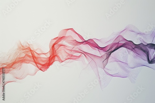 A dynamic and colorful wave of red and purple smoke billows against a clean white backdrop, Data stream flowing on a minimalist canvas, AI Generated photo