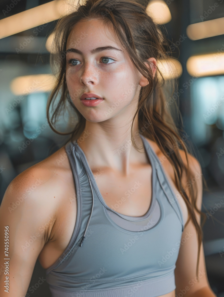 A young woman rests during a workout at a gym, wearing activewear with a focused expression on her face.