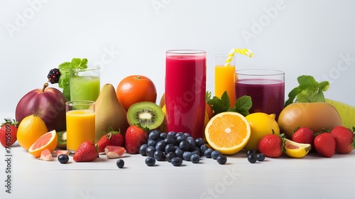 Rainbow colored fruits and vegetables on a white table. Juice and smoothie ingredients. Healthy eating, diet concept