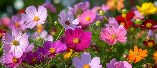 A variety of colorful flowers, including magenta petals, are blooming on the grass. They are herbaceous plants and terrestrial, annual plants