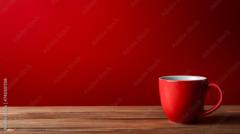 Red coffee cup on wooden table over red grunge background Red coffee cup on wooden table over red grunge background