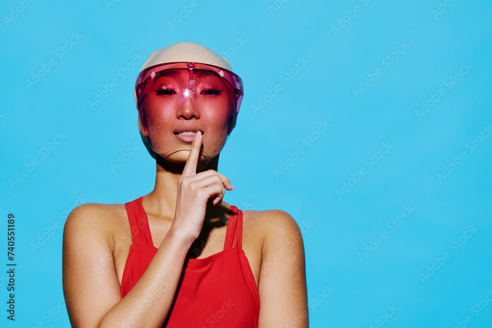 Fototapeta premium Portrait woman excited happiness trendy fashion smile summer sunglasses mouth swimsuit beauty hat