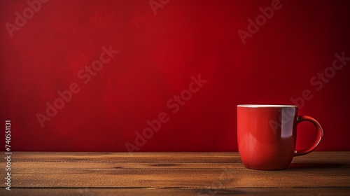 Red coffee cup on wooden table over red grunge background