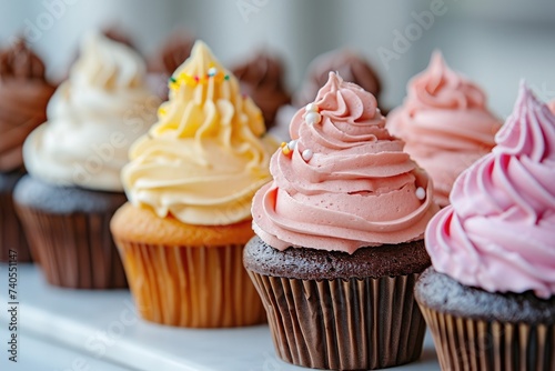 A photo showcasing a neat row of cupcakes with vibrant frosting on top, ready to be enjoyed, Delicious looking birthday cupcakes arranged in a neat row, AI Generated