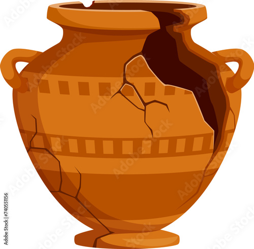 Ancient vase or broken pottery pot, antique ceramic cracked bowl with handles, isolated vector. Roman or Greek archeological earthenware with antique ornament on cracked pieces of amphora vase