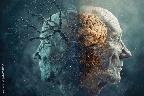 This photo captures two faces positioned on either side of a tree in the middle, creating an intriguing visual composition, Depiction of a healthy brain and one with Alzheimer's disease, AI Generated
