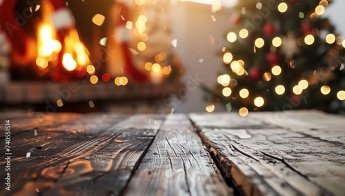 Wood table with blurry christmas tree and fireplace background with copy space set christmas on wooden table in front of fireplace AI generative