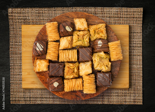 Baklava Set Top View, Ramadan Dessert, Eastern Sweet Filo Pastries, Honey Baklawa, Oriental Desert photo