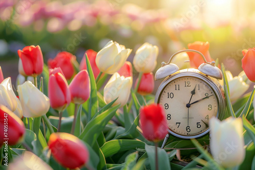 An antique alarm clock standing in a vibrant field of tulips during a tranquil sunrise.