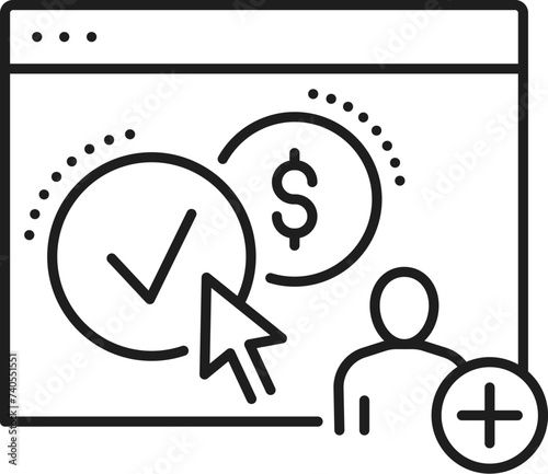 Pay per click icon, SEM or search engine marketing and content management vector line pictogram. Website search and web advertising symbol, PPC for SEM or SEO in internet media or online content