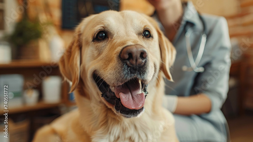 A close-up of a happy golden retriever with its tongue out  being petted by a person whose face is not visible  in an indoor setting that suggests a cozy home environment.