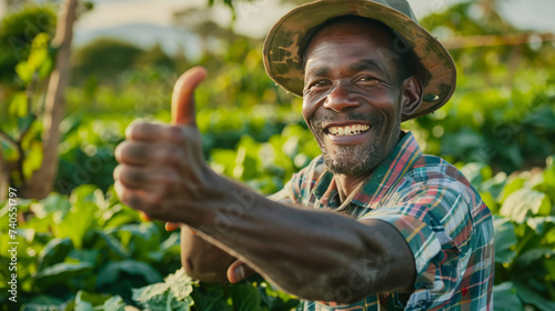 A happy farmer in a plaid shirt and overalls gives a thumbs up in his lush vegetable garden at sunset.