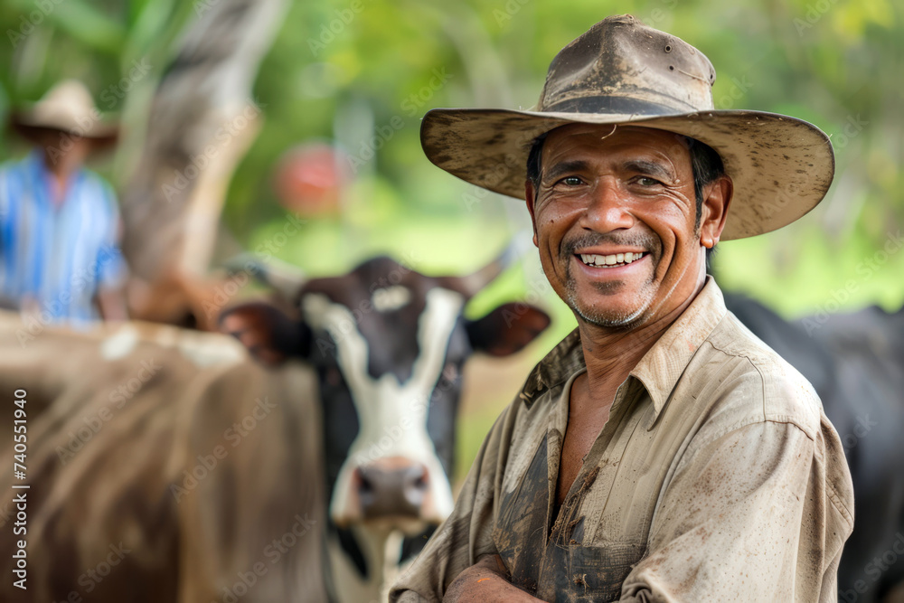 A contented farmer wearing a hat smiles in front of his cattle in a lush, tropical environment.