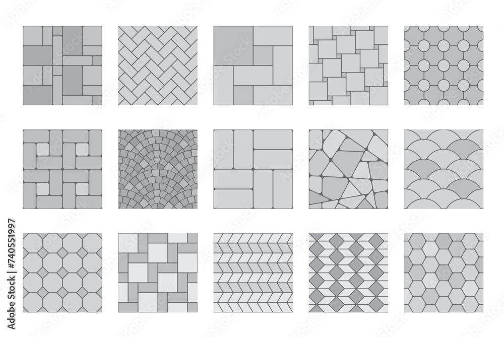 Pavement top view patterns, street grey cobblestone or garden sidewalk tiles, seamless vector. Gray stone and bricks pavement pattern of ground floor, mosaic backgrounds with geometric cubic texture