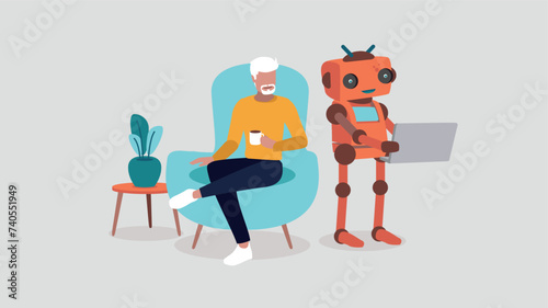 Eine Person sitzt entspannt auf dem Sofa, während ein Roboter mit künstlicher Intelligenz an einem Laptop arbeitet - Konzept der künstlichen Intelligenz