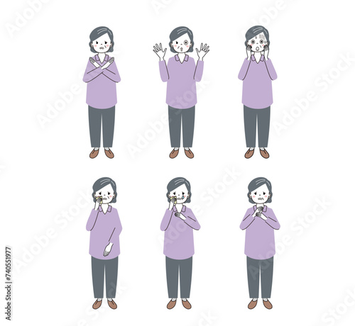 いろんなポーズの高齢女性　ネガティブな表情とポーズの差分セット