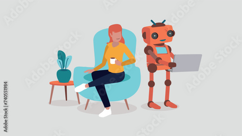 Eine Person sitzt entspannt auf dem Sofa, während ein Roboter mit künstlicher Intelligenz an einem Laptop arbeitet - Konzept der künstlichen Intelligenz