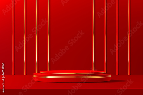 Luxury red Chinese podium stage with golden line decoration. 3d vector lavish round platform, adorned in rich scarlet hues, elevated by opulent gold decor, epitomizing grandeur and cultural elegance