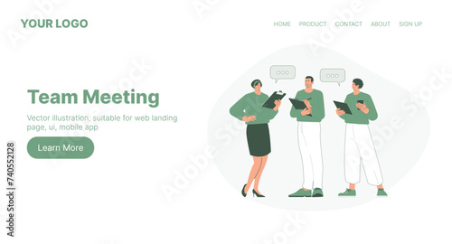 Team Meeting. Web Landing Page Design. Flat Cartoon Vector Illustration. Vector illustration, suitable for web landing page, ui, mobile app.