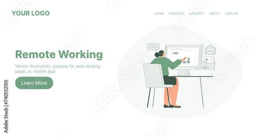 Remote Working. Web Landing Page Design. Flat Cartoon Vector Illustration. Vector illustration, suitable for web landing page, ui, mobile app.