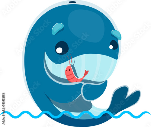 Cartoon cute kawaii whale character, funny sea or ocean animal in isolated vector. Little cheerful blue whale with shrimp or krill friend in fins for kids mascot or child t-shirt and nursery print