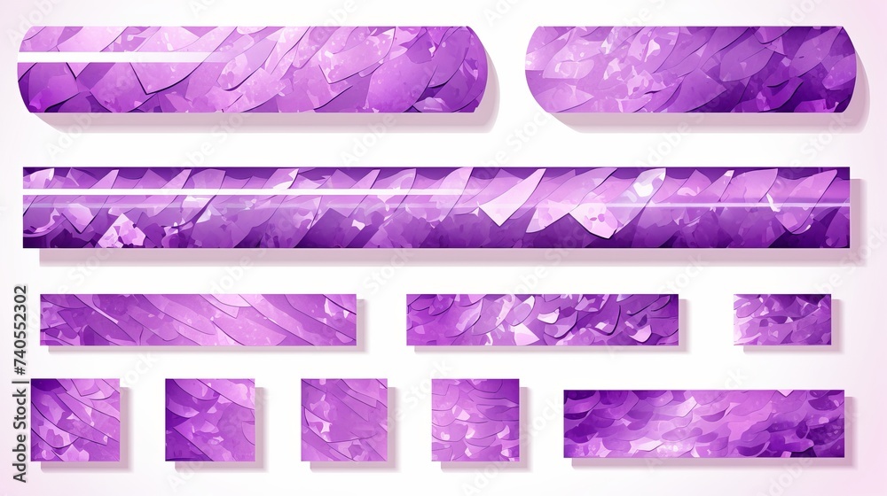 Obraz premium Shiny purple crumpled stickers. Cool set of metallic holographic sticky tape shapes isolated on white background. Holo glitter stripes or snips
