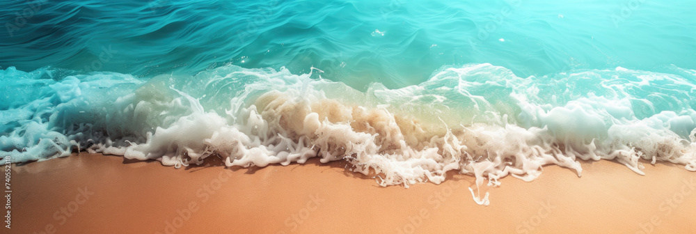 empty sandy ocean beach with Cote d'Azur, foamy waves, clear sea, empty space for text, banner
