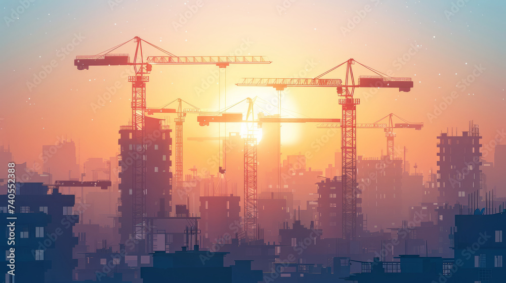 Illustration of a construction site skyline with multiple cranes against a sunset backdrop, casting a warm glow over the urban landscape.