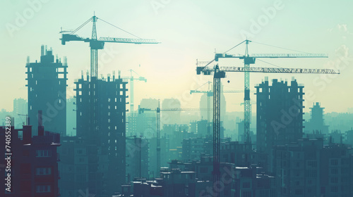Silhouette of construction cranes towering over skyscrapers against a misty sky during sunrise, capturing the development of an urban skyline.