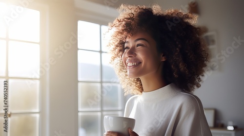Smiling african american female with afro hairstyle enjoying cup of coffee in hands standing in light room with closed eyes