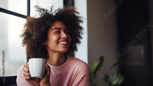 Smiling african american female with afro hairstyle enjoying cup of coffee in hands standing in light room with closed eyes