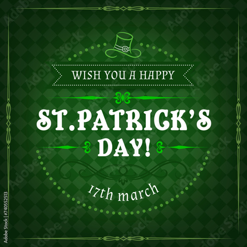 Irish Saint Patricks Day holiday greetings on green pattern background, vector banner. Happy St Patrick day poster with leprechaun hat and luck wish greetings ribbon frame for Irish holiday festival
