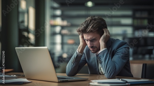 Stressed businessman working quickly with many computer photo