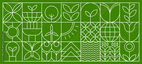 Agriculture abstract modern line geometric pattern. Vector eco farming and green energy background with linear plants, sprouts and leaves, water waves, flowers, light bulb and sun, windmill or tree