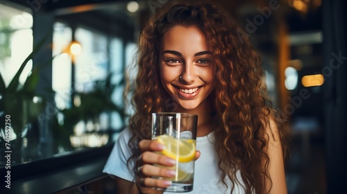 The girl in the background drinks healthy water with lemon. Lemon, honey and ginger for health and immunity. High quality photo photo
