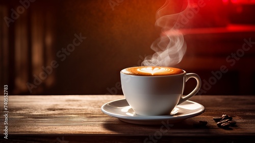 The perfect white cup with steaming coffee sitting on oak table on grungy burgundy background