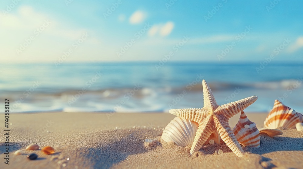 Travel, vacation concept. Sea shells on sand and blue background. Travelling, trip. Travel text. High quality photo Travel, vacation concept. Sea shells on sand and blue background. Travelling, trip. Travel text. High quality photo
