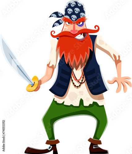 Cartoon red bearded danger pirate corsair sailor character with long saber. Angry marine robber or buccaneer sailor vector personage with black eye and pirate skull bandana ready to boarding attack