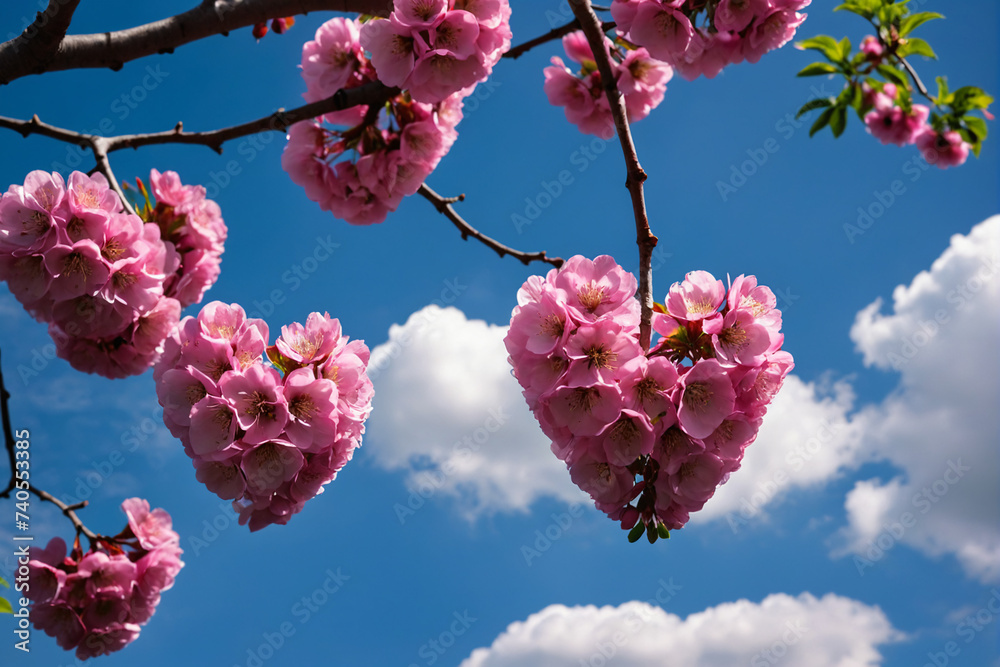 Pink blossoming heart-shaped tree with cloudy blue sky background. Nature, love, environment concept