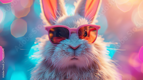 Rabbit wearing pink glasses on a blurred background.