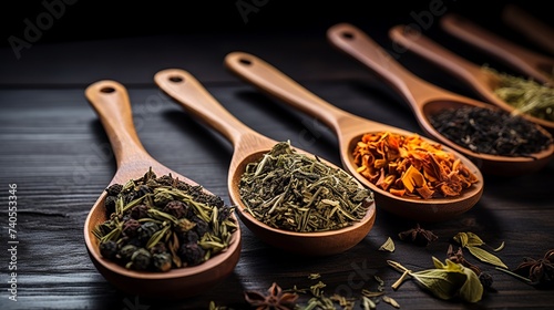 Various kinds of tea in wooden spoons on black table