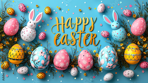 Easter background with Easter eggs and spring flowers.
