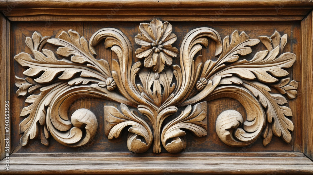 A closeup image of a handcarved wooden door beautifully restored to its original glory using traditional Flemish woodworking techniques.