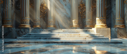 Elegant interior featuring marble steps leading up to a series of grand columns with ornate golden capitals. 