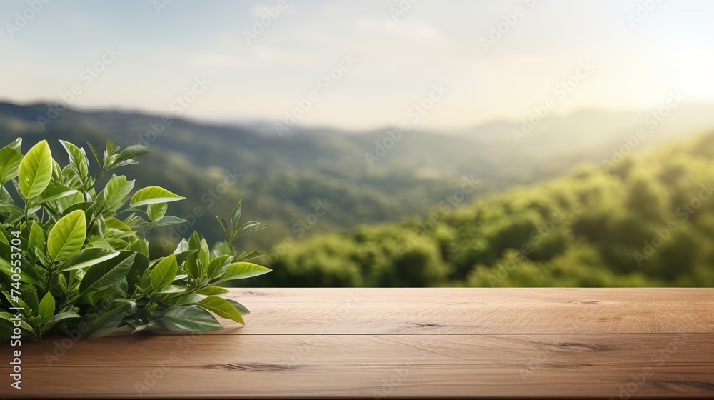 Wooden table top with blurry tea plantation landscape against blue sky and blurred green leave frame Product Display stand natural background concept - obrazy, fototapety, plakaty 