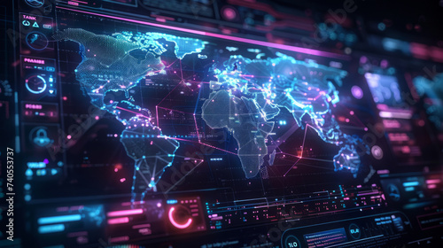 Futuristic control panel with a high-resolution digital map of the world, highlighting global connectivity and advanced data exchange technology with glowing interactive interfaces.
