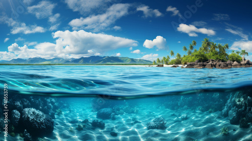 Split-View Tropical Seascape. Crystal clear waters with coral reefs below and sunny sky and green island above