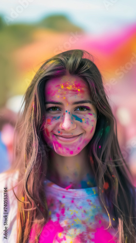 portrait of beautiful girl face covered in multicolored powder while playing holi festival