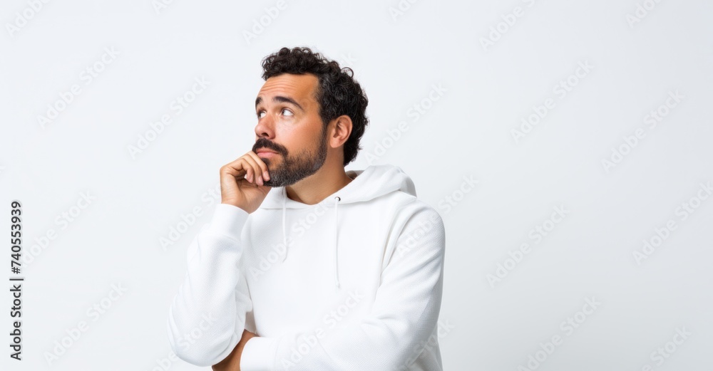 Creative professional in thought against white, embodying creativity and innovation. Creative professional in thought against white, embodying creativity and innovation.